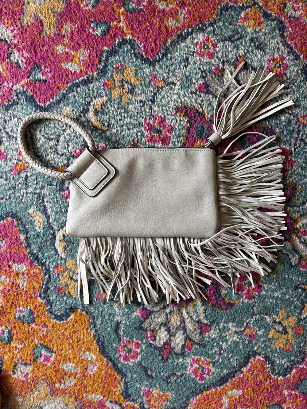 Neutral Fringe Wristlet Clutch with Braided Strap